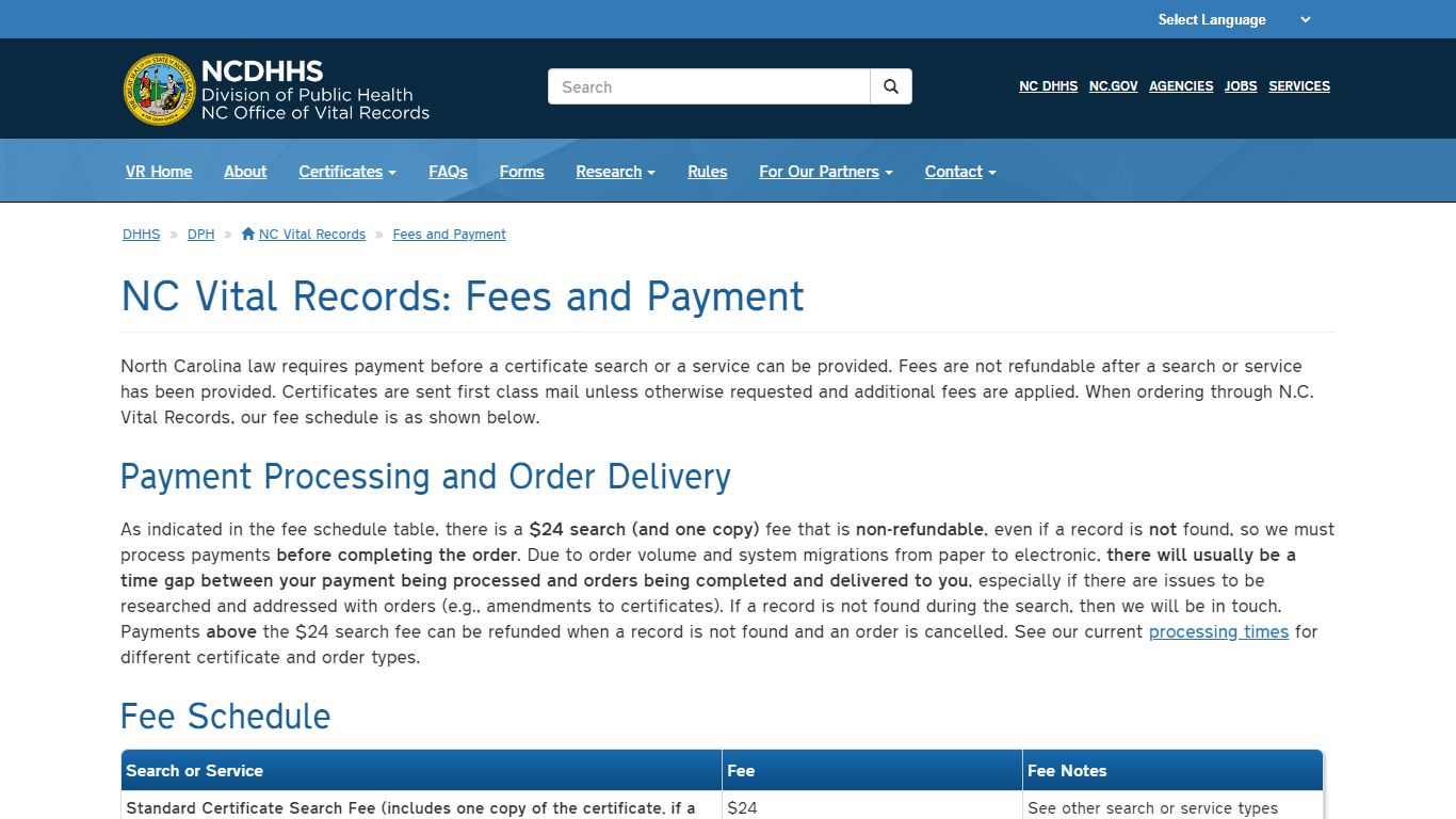 NCDHHS: DPH: NC Vital Records: Fees and Payment