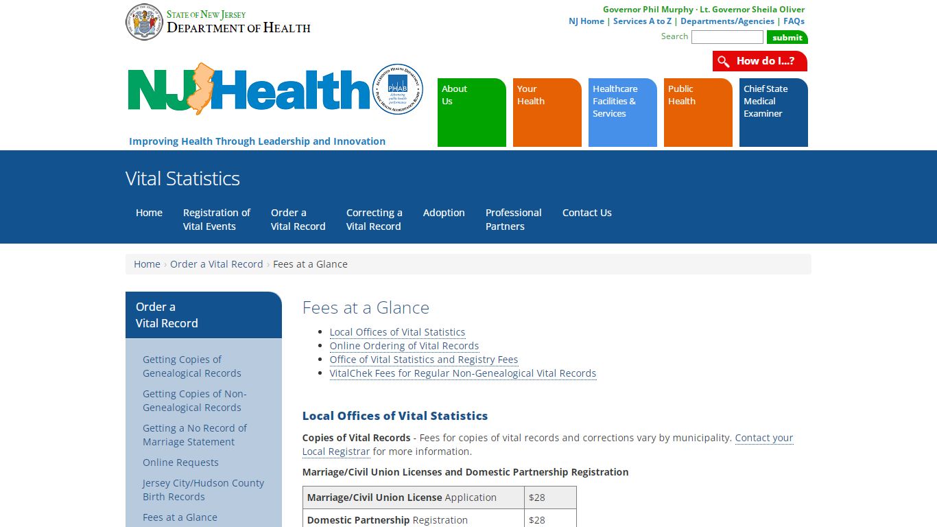 Department of Health | Vital Statistics | Fees at a Glance